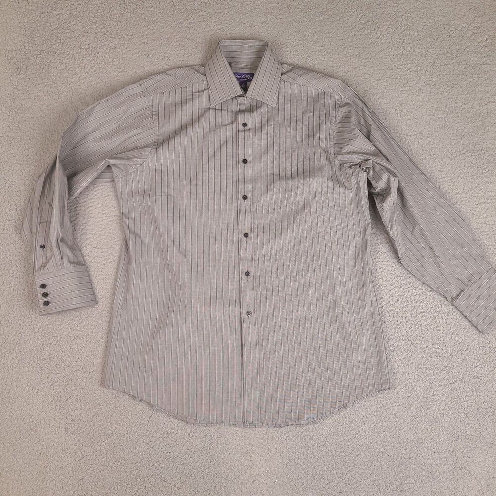 Sean John Dress Shirt Men's Large 16 32/33 Gray Striped Fine Tailoring Button Up